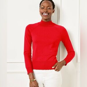 Talbots Red Scalloped Edge Raglan Sweater, Cotton Knit